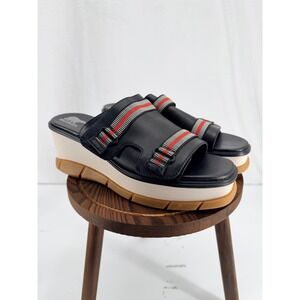NWOB Sorel Joanie III Slide Sandals Black Red 12 Wedge Heel Chunky Open Toe